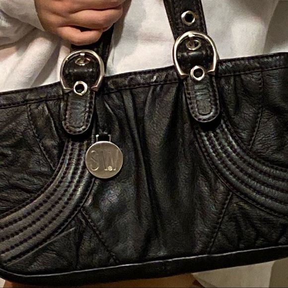 Stuart Weitzman black pebbled leather armpit small pouchette purse bag contrast - Picture 2 of 6